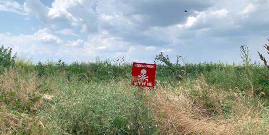 Ein Minenwarnschild in der Region Cherson, Juni 2023 | Bild: picture alliance / AA | Svitlana Horieva